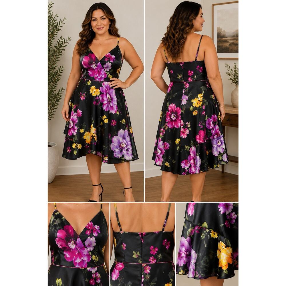 BCX Floral Satin Fit & Flare Dress Jr’s 11 Black Pink Party Cocktail ball gown